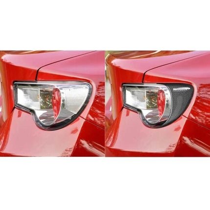 Set of 2 Carbon Fiber Decorative Stickers for Toyota GT86 Back Lamps - before and after tail lamp application on red GT86