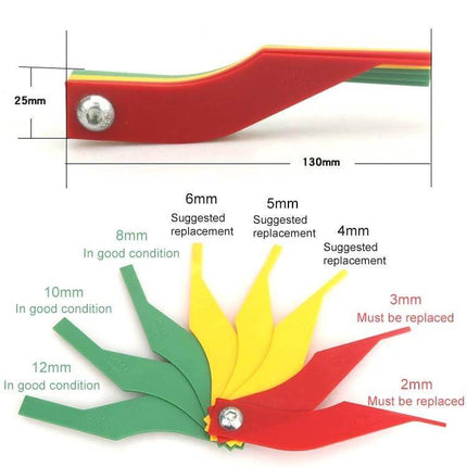 Car Brake Pad Thickness Ruler Portable Tool For Easy Checks portable multi-blade gauge showing 12mm–2mm wear color-coded for DIY and pros