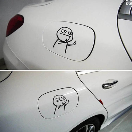 Cartoon Personality Decorative Sticker for Car Styling on white car fuel door, reflective PET decal showing cartoon face gesture
