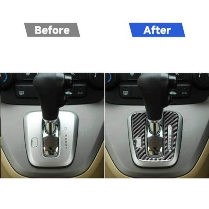 Carbon Fiber Gear Indicator Frame Sticker for Honda CRV Right Drive - before and after console upgrade showing carbon fiber finish