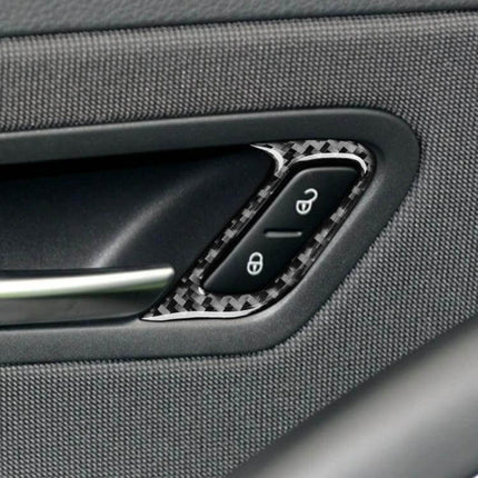 Carbon Fiber Decorative Sticker for Volkswagen Scirocco Doors applied around interior door lock switches, textured carbon fiber trim accent