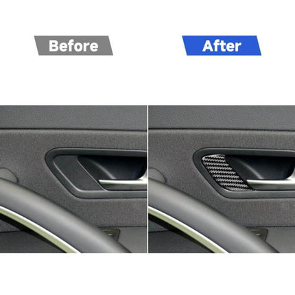 Before and after showing Carbon Fiber Decorative Sticker for Volkswagen Scirocco Doors applied to inner door handle area