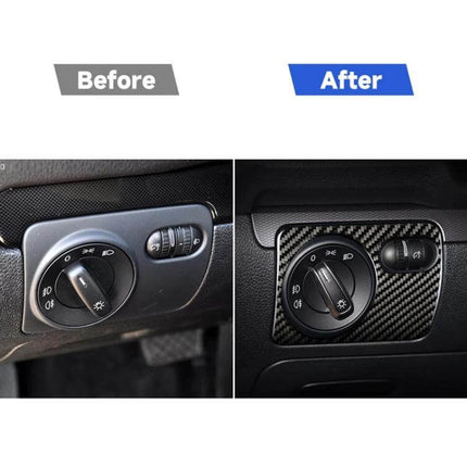 Carbon Fiber Decorative Sticker for Volkswagen Golf 6 Headlight Switch installed showing before and after dashboard trim