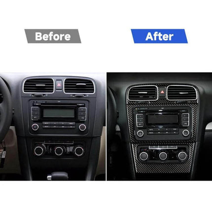 Decorative Carbon Fiber Car Sticker for Volkswagen Golf 6 CD Panel - before and after dashboard upgrade showing left or right application