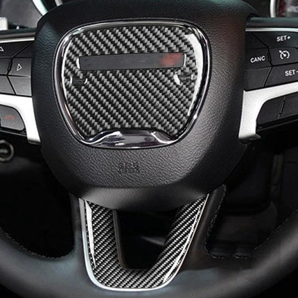Carbon Fiber Decorative Stickers for Dodge Challenger Steering Wheel fitted on black steering wheel showing carbon fiber trim and chrome accents
