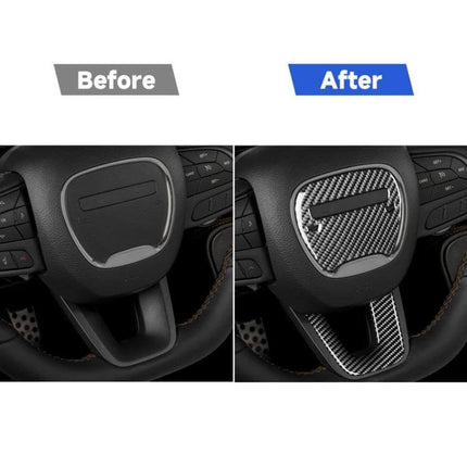 Carbon Fiber Decorative Stickers for Dodge Challenger Steering Wheel shown before and after applying carbon fiber trim to steering wheel center and lower spoke
