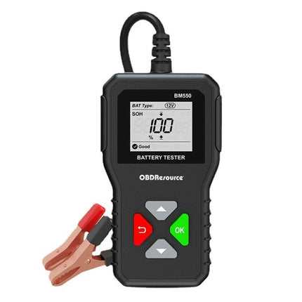 Battery Tester for Routine Vehicle and Home Maintenance handheld 5-35V digital battery tester with clamps showing 100% SOH