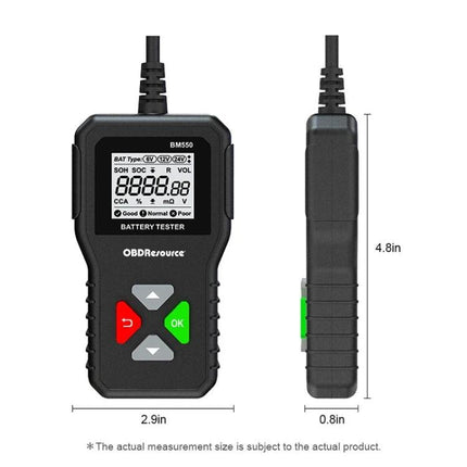 Battery Tester for Routine Vehicle and Home Maintenance handheld digital battery tester showing display and buttons