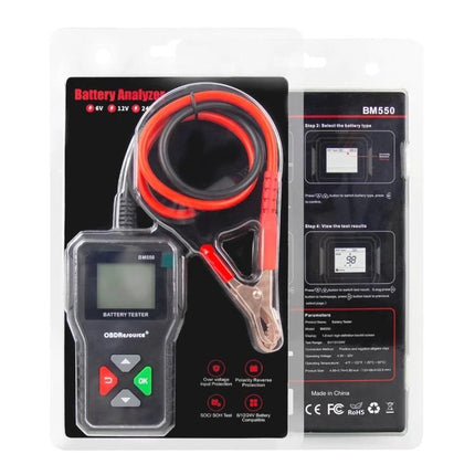 Battery Tester for Routine Vehicle and Home Maintenance handheld analyzer with cables and clamps packaged for battery checks