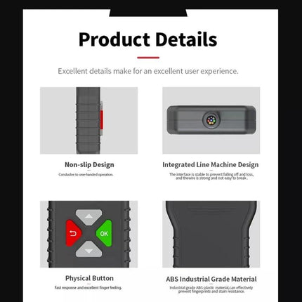 Battery Tester for Routine Vehicle and Home Maintenance - compact handheld tester with non-slip grip, physical buttons, and integrated connector for 5-35V checks