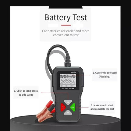 Battery Tester for Routine Vehicle and Home Maintenance digital handheld unit with clamps and display for checking voltage and capacity