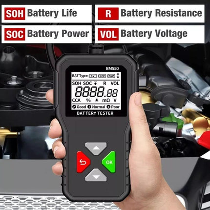 Battery Tester for Routine Vehicle and Home Maintenance handheld digital battery tester showing voltage SOC SOH and resistance readings