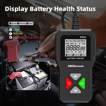 Battery Tester for Routine Vehicle and Home Maintenance - handheld BM550 showing battery health display and vehicle battery connection