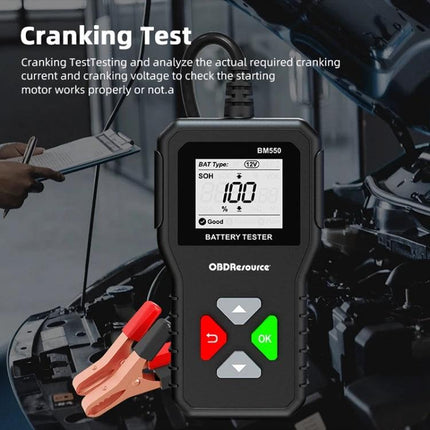 Battery Tester for Routine Vehicle and Home Maintenance - handheld BM550 cranking test device with clamps showing 12V reading for car battery health