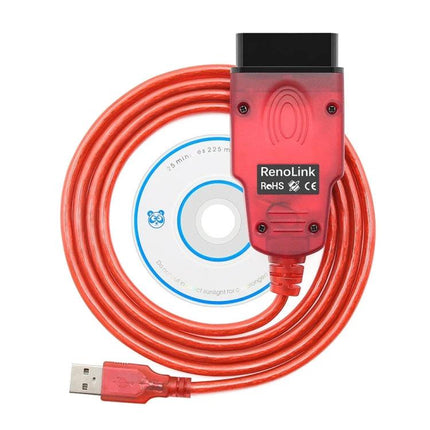 Essential Renolink Tool for Everyday Renault Vehicle Maintenance - red OBD Renolink cable with USB and software CD