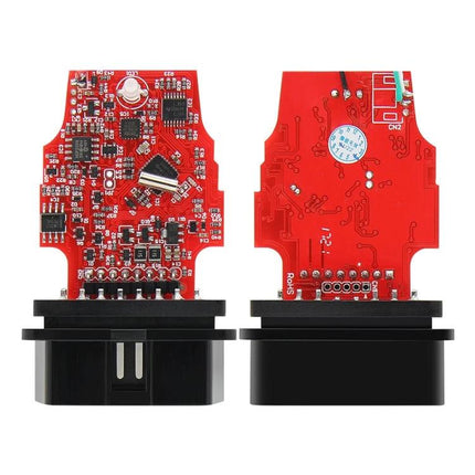 Essential Renolink Tool for Everyday Renault Vehicle Maintenance OBD board front and back view, red PCB for Renault/Dacia programming