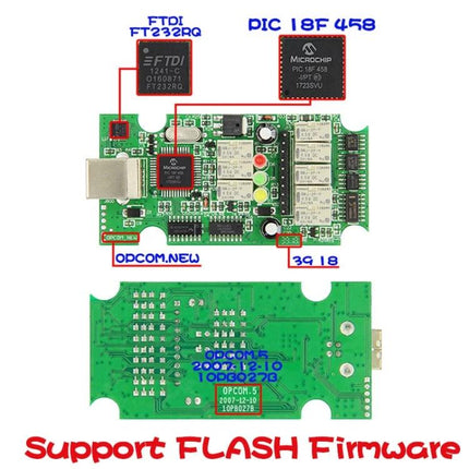 OpCom Tool for Opel Car Maintenance in Daily Drives - OPCOM circuit board showing USB, PIC 18F458 and FTDI FT232 connections for OBD diagnostics