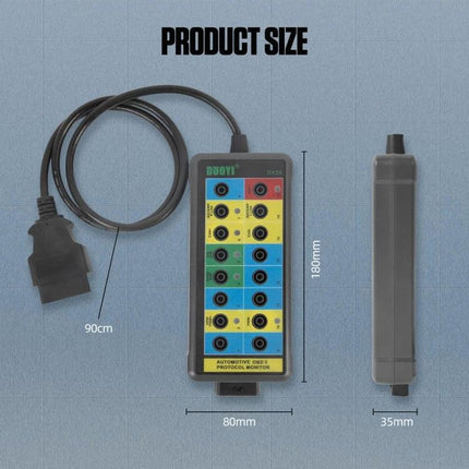 DUOYI Detector for Everyday Car Maintenance and Checks - compact OBDII connector tester with 90cm cable and labeled ports (80x180x35mm)