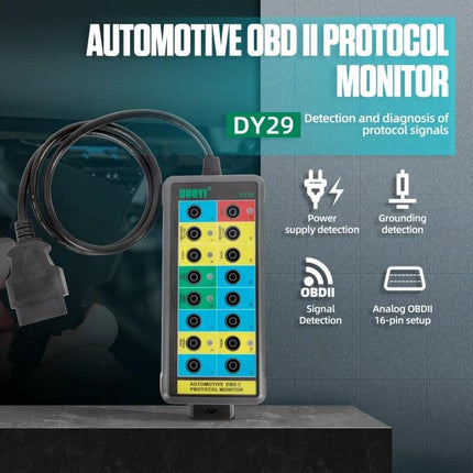 DUOYI Detector for Everyday Car Maintenance and Checks - compact OBDII protocol monitor with DY29 cable for quick connector and signal verification
