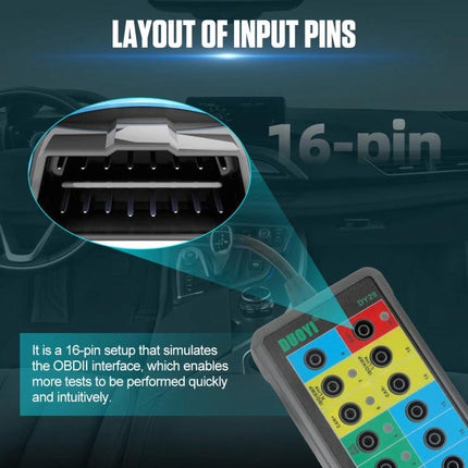 DUOYI Detector for Everyday Car Maintenance and Checks showing 16-pin OBDII connector layout and handheld probe device