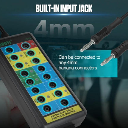 DUOYI Detector for Everyday Car Maintenance and Checks showing built-in 4mm input jack panel with banana connector probes