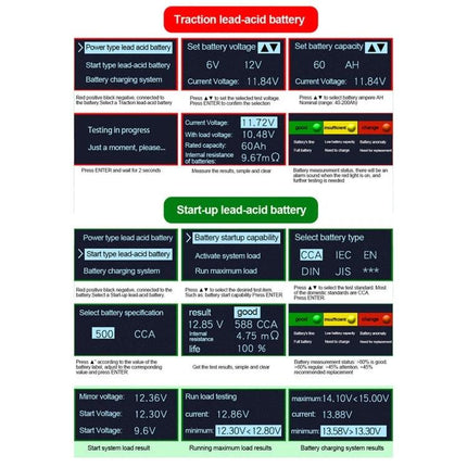 DUOYI Tool for Checking Car Battery Capacity in Daily Use - dashboard screen showing test results, voltages, CCA and capacity readings
