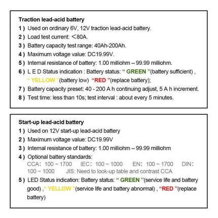 DUOYI Tool for Checking Car Battery Capacity in Daily Use - product spec sheet showing battery test ranges, voltages, LED status and connection notes