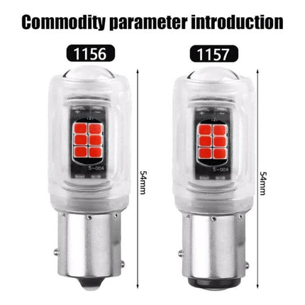 Two Pack Car LED Turn Signal Lights Red White Yellow - 1156 and 1157 12V LED bulbs with red diodes, epoxy resin housing, 54mm length
