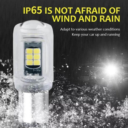 Two Pack Car LED Turn Signal Lights Red White Yellow - waterproof IP65 LED bulb close-up showing resin housing and six-chip array splashing water