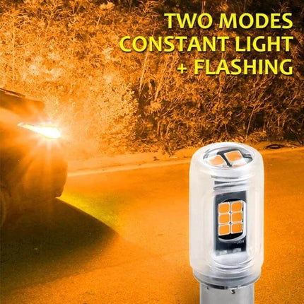 Two Pack Car LED Turn Signal Lights Red White Yellow - close-up LED bulb and car using constant light and flashing modes at night