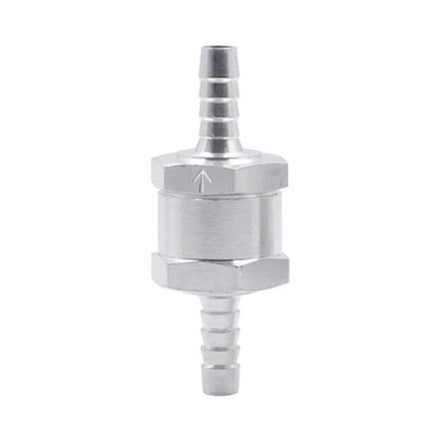 Alt Tag: Car 6mm Aluminium Fuel Check Valve One Way For Fuel Lines compact inline aluminum one-way check valve for 6mm fuel hoses, corrosion-resistant, arrow indicates flow