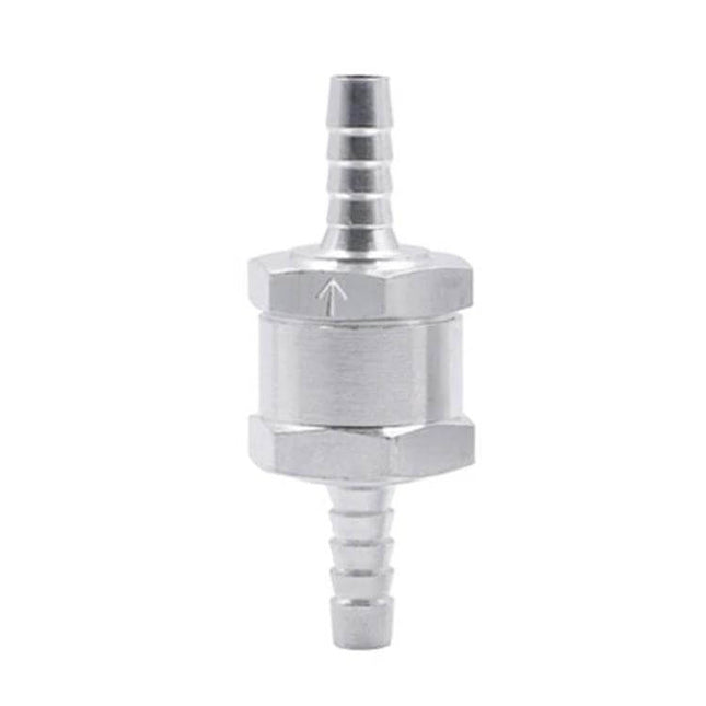 Alt Tag: Car 6mm Aluminium Fuel Check Valve One Way For Fuel Lines compact inline aluminum one-way check valve for 6mm fuel hoses, corrosion-resistant, arrow indicates flow