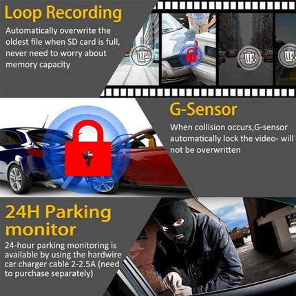 Dual Camera Dash Cam for Vehicle Security and Night Recording showing loop recording, G-sensor lock, and 24H parking monitor features