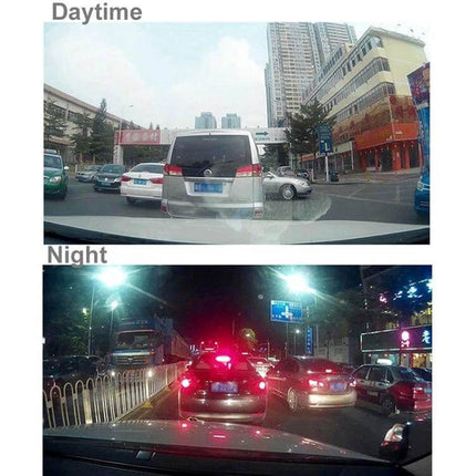 Dual Camera Dash Cam for Vehicle Security and Night Recording showing clear daytime and night traffic footage from front and rear cameras