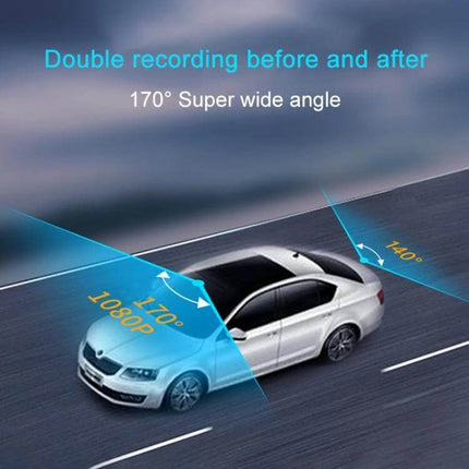 Dual Camera Dash Cam for Vehicle Security and Night Recording showing a car with 170° front and 140° rear wide-angle coverage diagram