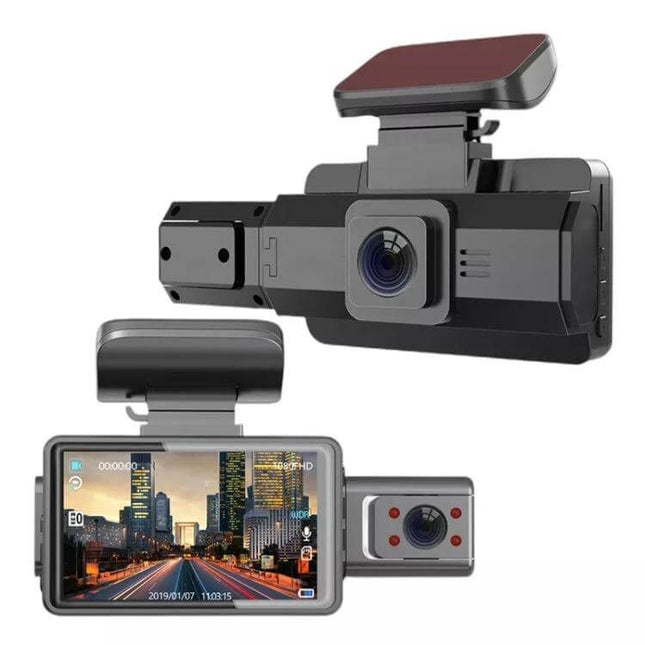 Dual Camera Car Dash Cam with Infrared Night Vision Recording showing front and rear units mounted and 1080P display