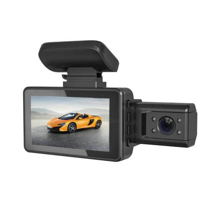 Dual Camera Car Dash Cam with Infrared Night Vision Recording showing front screen and rear camera, 1080P front view capturing a sports car