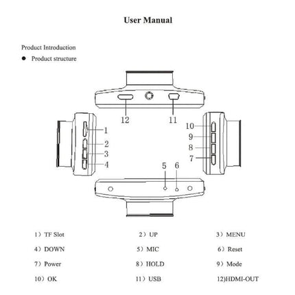 Dual Camera Car Dash Cam with Infrared Night Vision Recording schematic user manual showing button and port layout