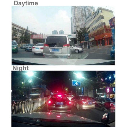 Dual Camera Car Dash Cam with Infrared Night Vision Recording showing daytime and night traffic footage demonstrating clear low-light capture