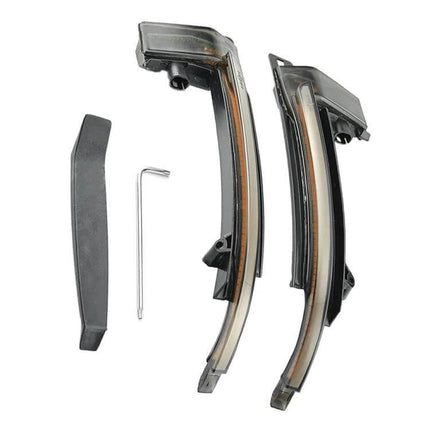 Dynamic LED Turn Signal Light For Audi A4 Rearview Mirror - pair of curved amber dynamic LED mirror signals with installation pry tool and hex key