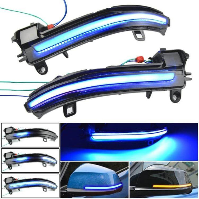 BMW Dynamic LED Turn Signal Mirror Light For Cars Blue installed on side mirrors showing bright blue dynamic turn signal and plug-and-play wiring