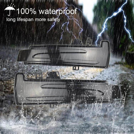Mercedes-Benz A Class Mirror Dynamic LED Turn Signal Light showing waterproof dynamic scrolling LEDs in heavy rain for improved visibility