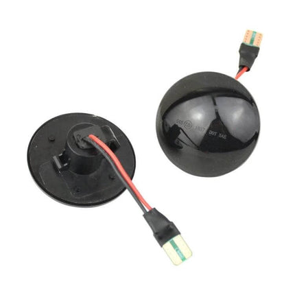 Range Rover Dynamic LED Fender Side Lights Set Pair shown as black plug-and-play spherical fender LED units with wiring harness
