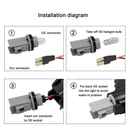 Range Rover Dynamic LED Fender Side Lights Set Pair installation diagram showing plug-and-play connector steps for L322 models