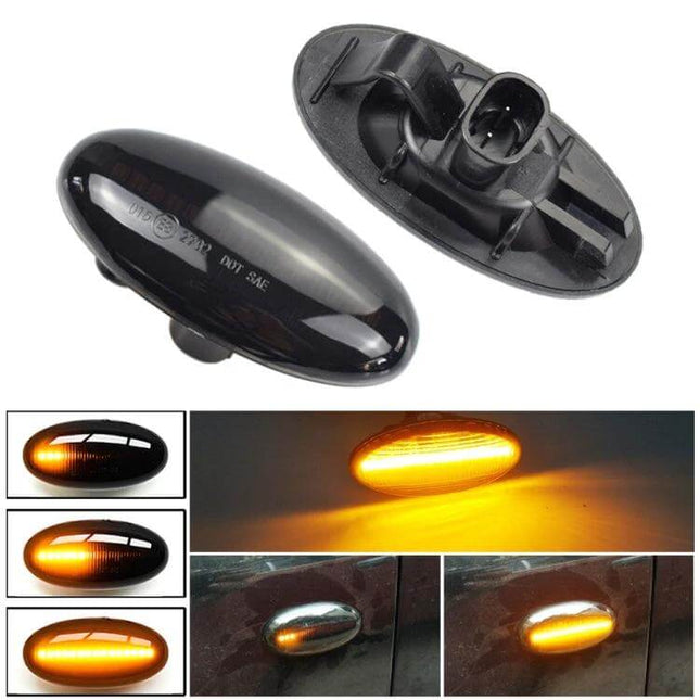 Mazda 2 DY Dynamic LED Fender Side Light Pair Transparent Black - plug-and-play amber turn signal upgrade for clearer lane-change visibility