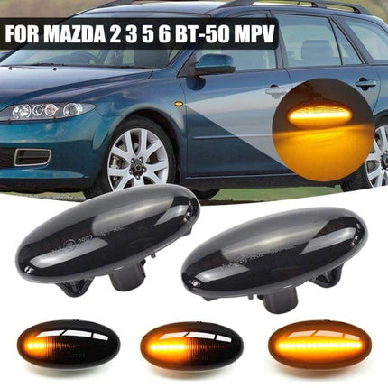 Mazda 2 DY Dynamic LED Fender Side Light Pair Transparent Black - plug-and-play amber running turn signal replacement