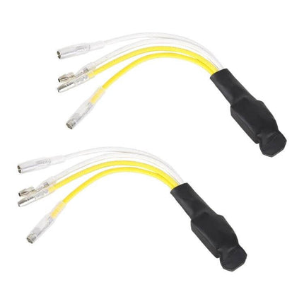 Motorcycle LED Turn Signal Flasher with Load Decoder System compact plug-and-play decoder harness for preventing hyper-flash, yellow and white wires