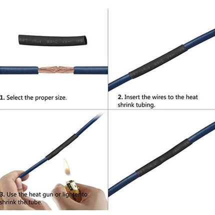 Thermoresistant Tube Heat Shrink Wrapping Kit For Wires applied to splice showing selection, insertion and heat shrinking steps