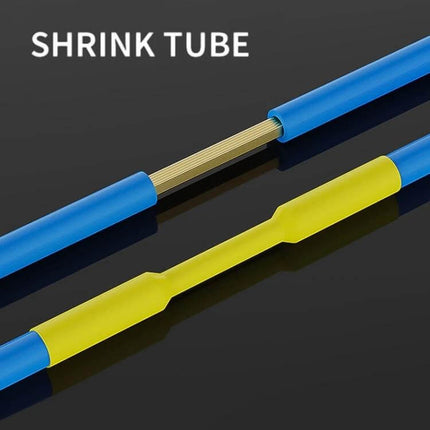 Thermoresistant Tube Heat Shrink Wrapping Kit For Wires shown on blue wires with yellow heat-shrink sleeve creating watertight electrical seal