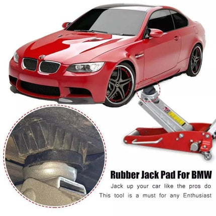 Rubber Blocks for Lifting Your BMW During Routine Maintenance rubber jack pad protecting BMW chassis during DIY oil change and tire rotation
